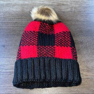 Buffalo Plaid Red Black Faux Fur Pompom Beanie